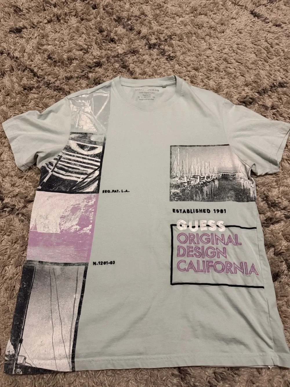 GUESS Men's Light Mint Graphic Short-Sleeve Tee with Purple Accents - Picture 1 of 5